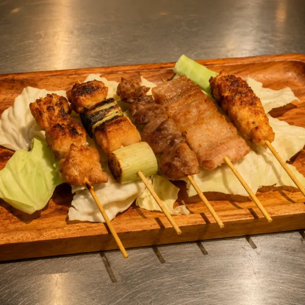 Assorted charcoal-grilled yakitori skewers served on a wooden platter