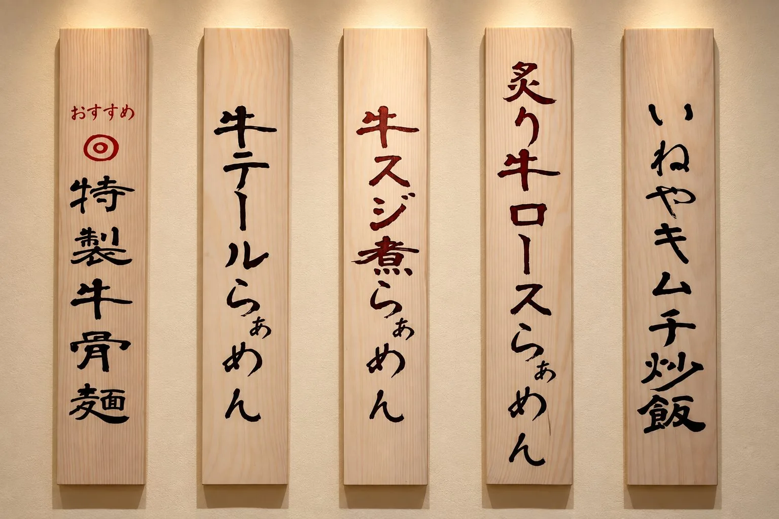 Wooden menu tags of the beef-noodle dishes at Ramen Ineya
