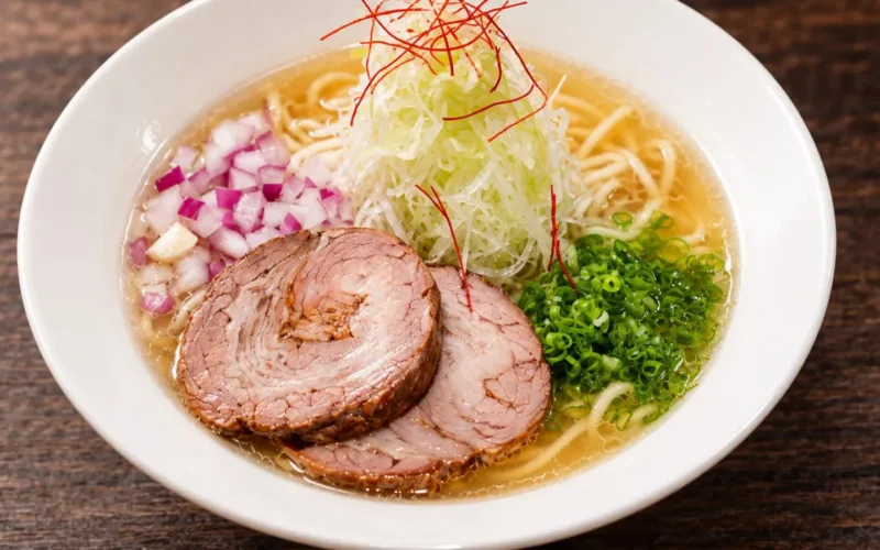 Tô ramen nước lèo trong với thịt xá xíu và hành