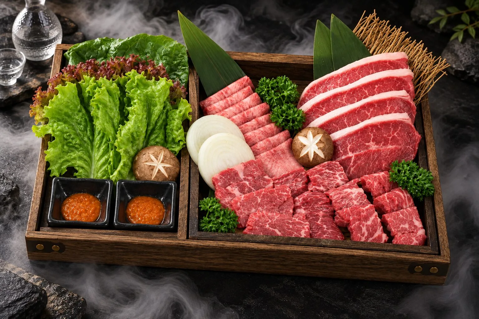 A tray of assorted Wagyu beef cuts showing the marbling