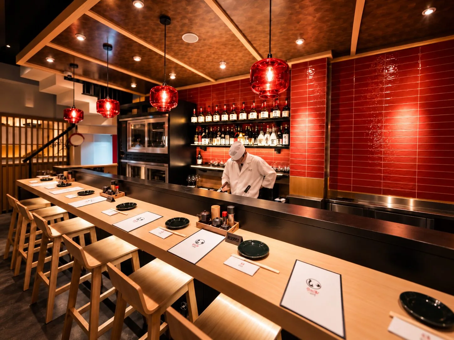 The bar counter at Sumibi Ineya in the evening