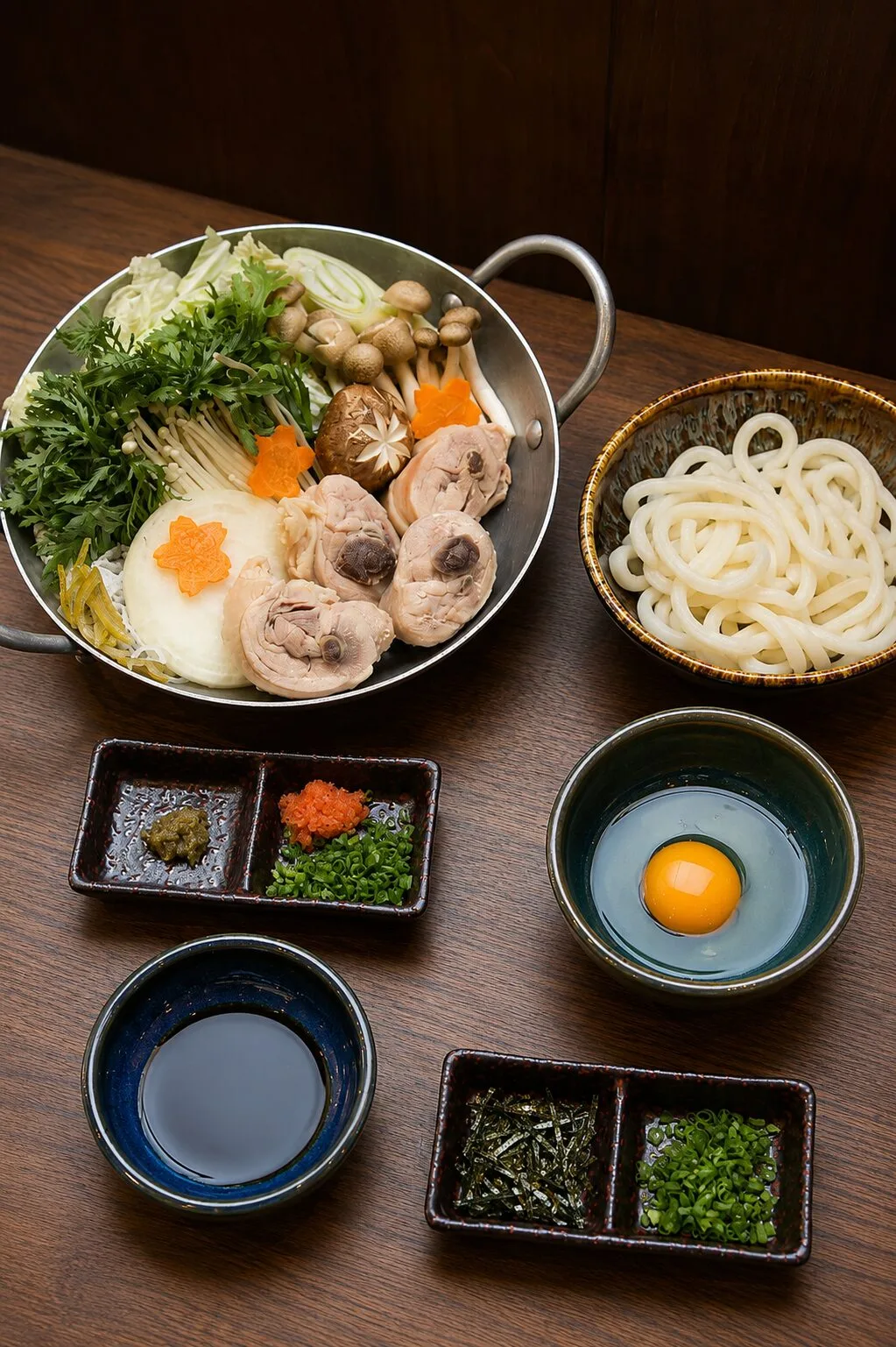A full Hakata hotpot spread with vegetables, mushrooms and dipping sauces